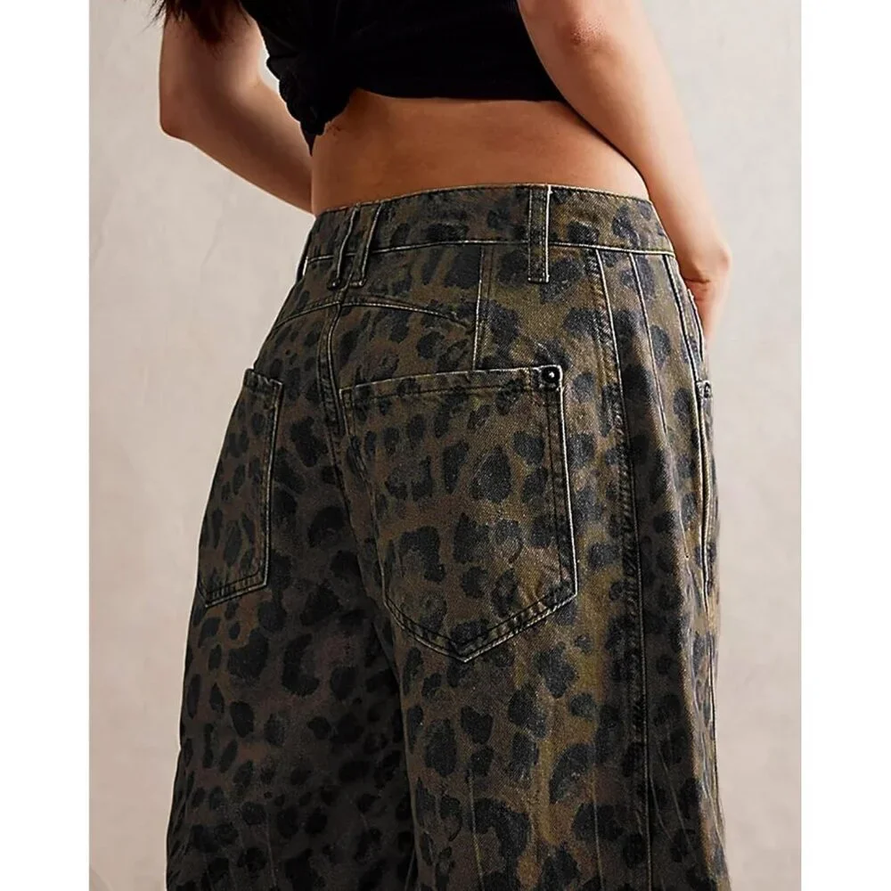 Women’s Wide Leg Cropped Jeans Cotton Spandex Mid Rise Y2K Boyfriend - Picture 4 of 5